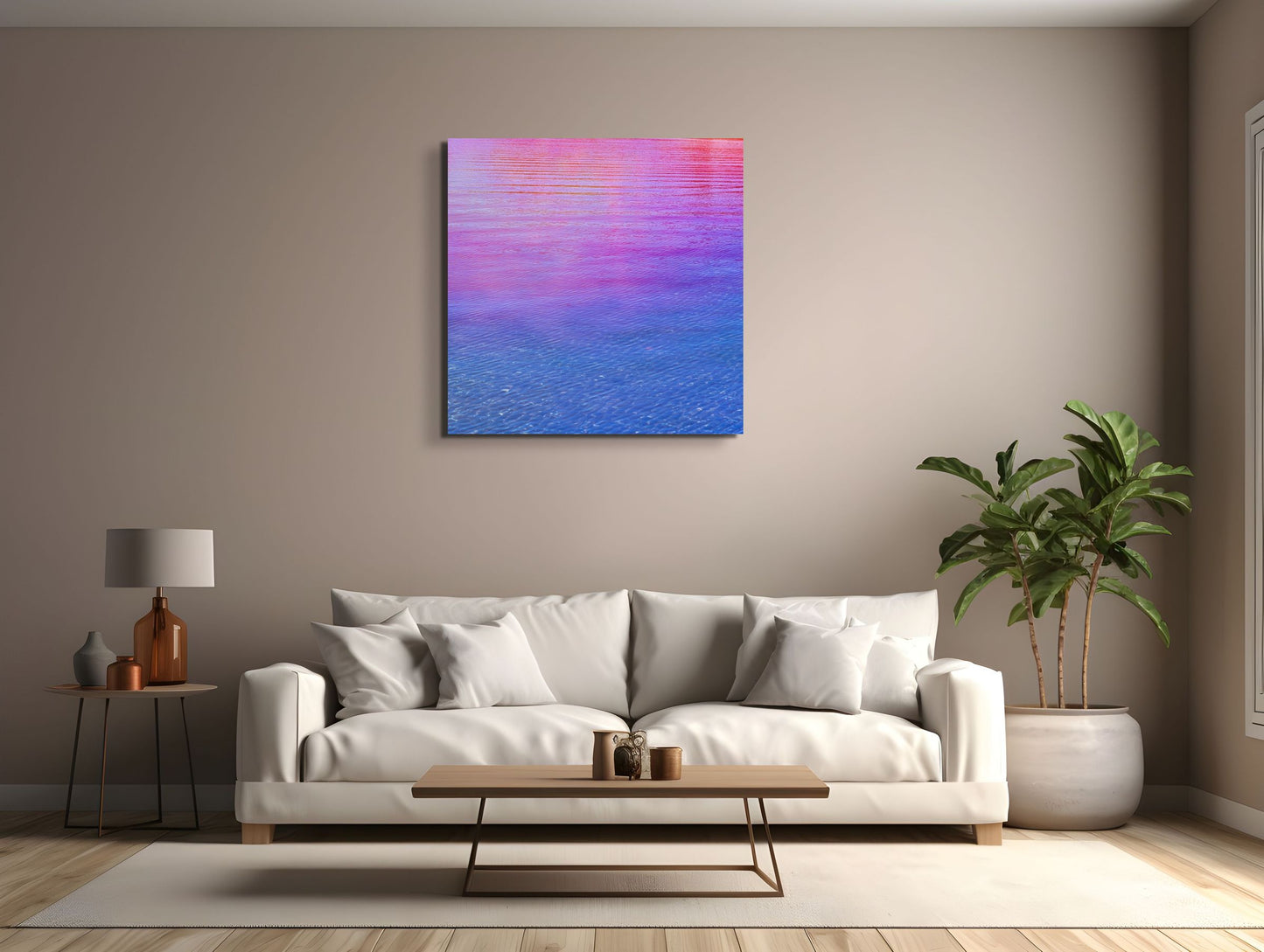 Modern living room with a white sofa, coffee table, and abstract painting on the wall.