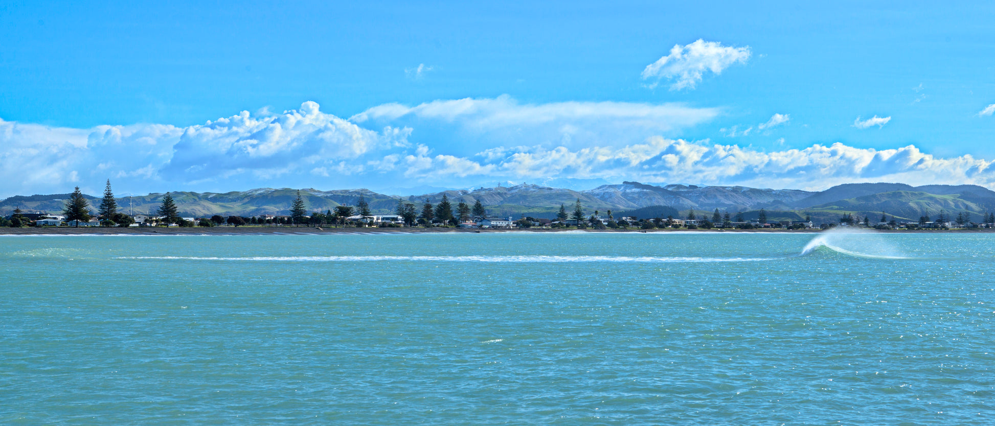 A panoramic photograph of a wave in water, with a snowy landscape in the background, captured on a cold day.